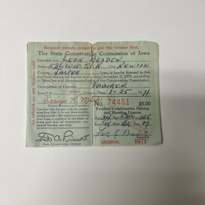Permis De Chasse Et De Pêche Résident De L'Iowa 1971 – Vintage #F20