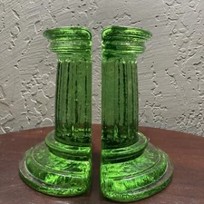 🔥fire and light 🔥glass pillar bookends Celery Green HTF 7 3/4” Tall