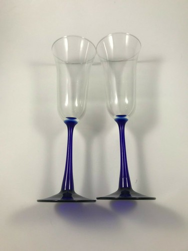 (2) Cobalt Stem Wine / Champagne Tulip Glasses w/ Cobalt Base and Clear Top - Picture 4 of 7