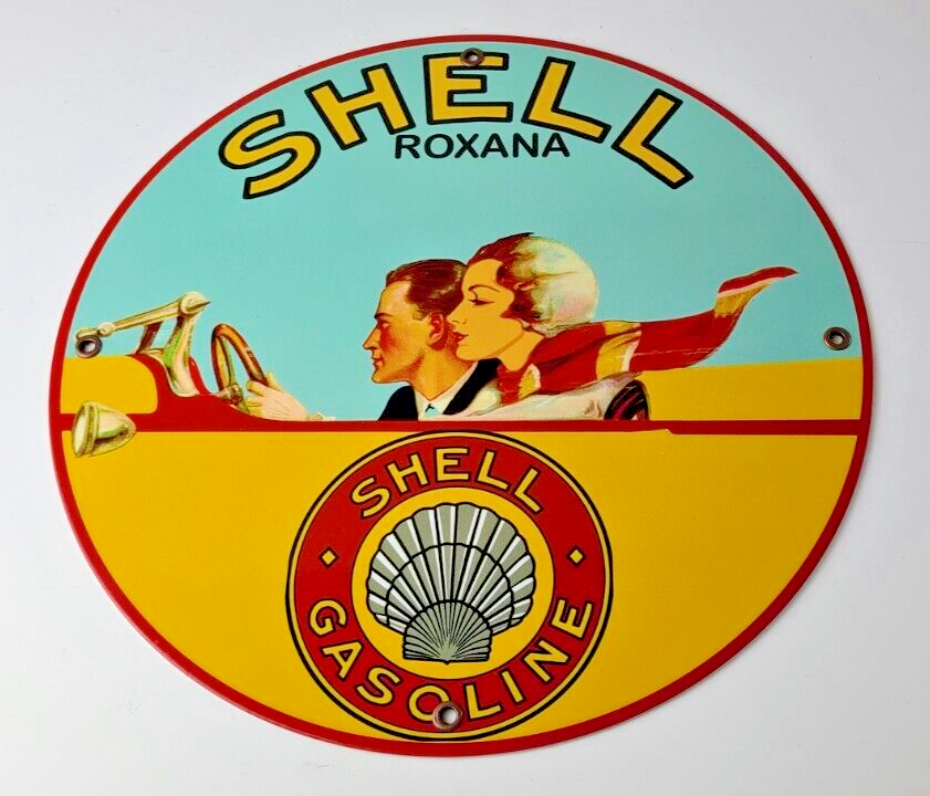 Vintage Shell Gasoline Sign - Roxana Old Automobile Gas Pump Plate