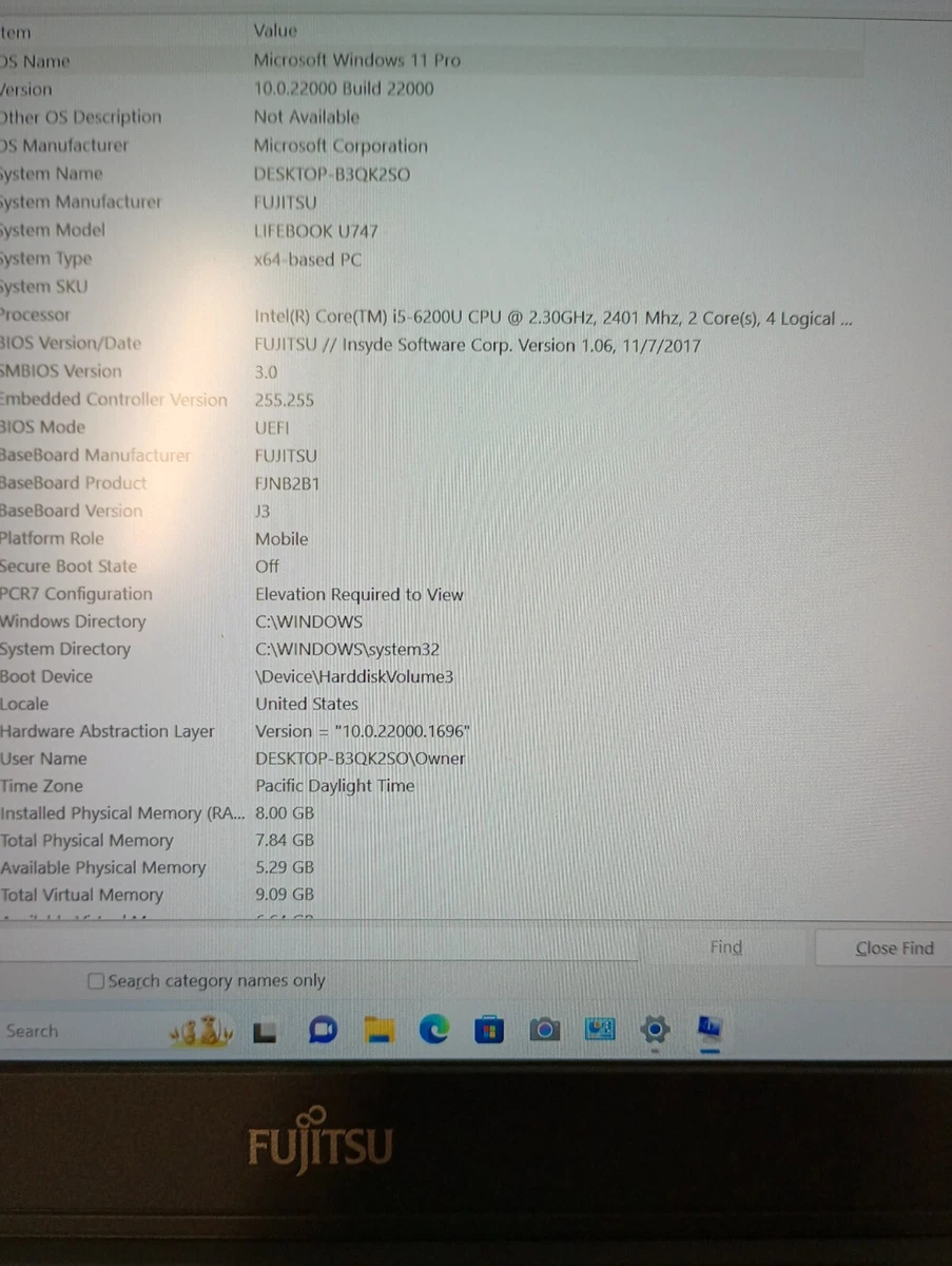 Fujitsu 8 GB RAM PC Laptops & Netbooks 256 GB SSD Capacity for