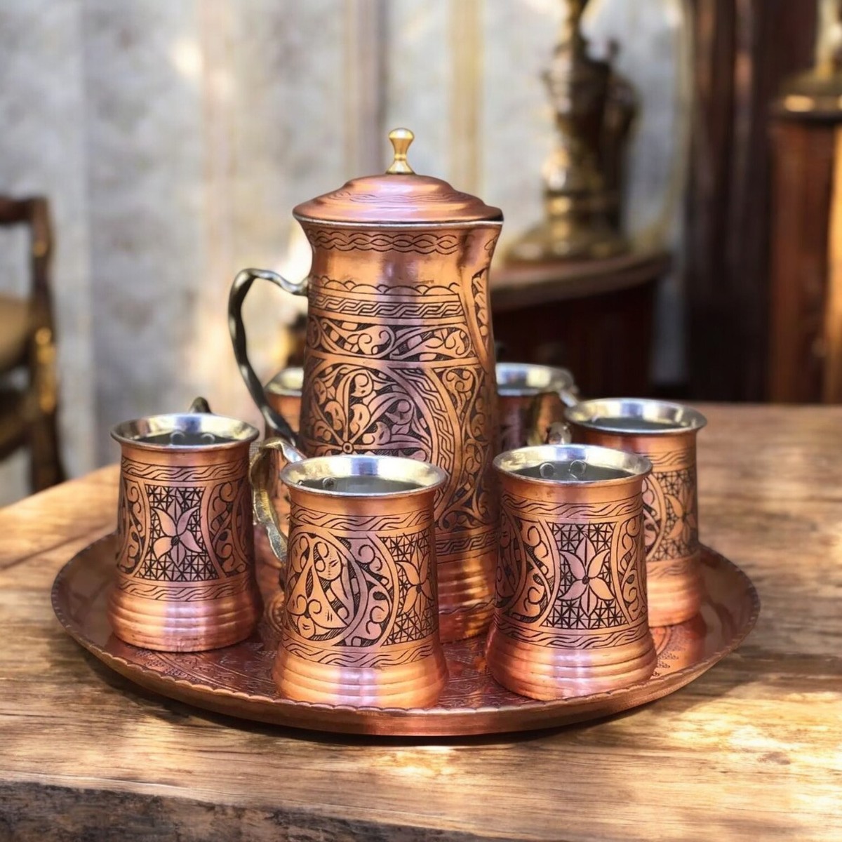 Handmade Turkish Copper Drink Set, 6 Copper Mugs, 1 Copper Pitcher