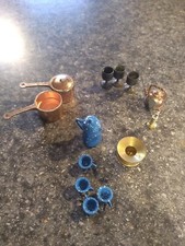 Dollhouse Miniature Blue Enamelware Cookware Set Pots Pans spit toon candle