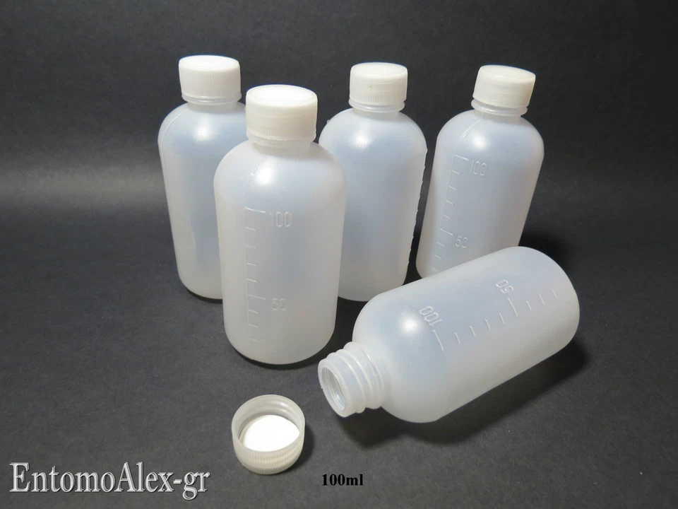 bottiglie flaconi plastica 100ml x5 graduati tappo vite liquidi laboratorio