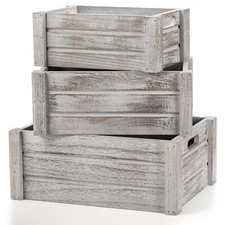 3 Pack Wood Crates with Handles Rustic Nesting Storage Container Box Decorati...