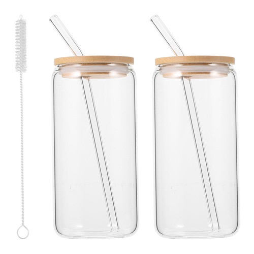 Glass Coffee Cup Set Drinking Glasses with Lids Clear Cups Dome Straw Bottles