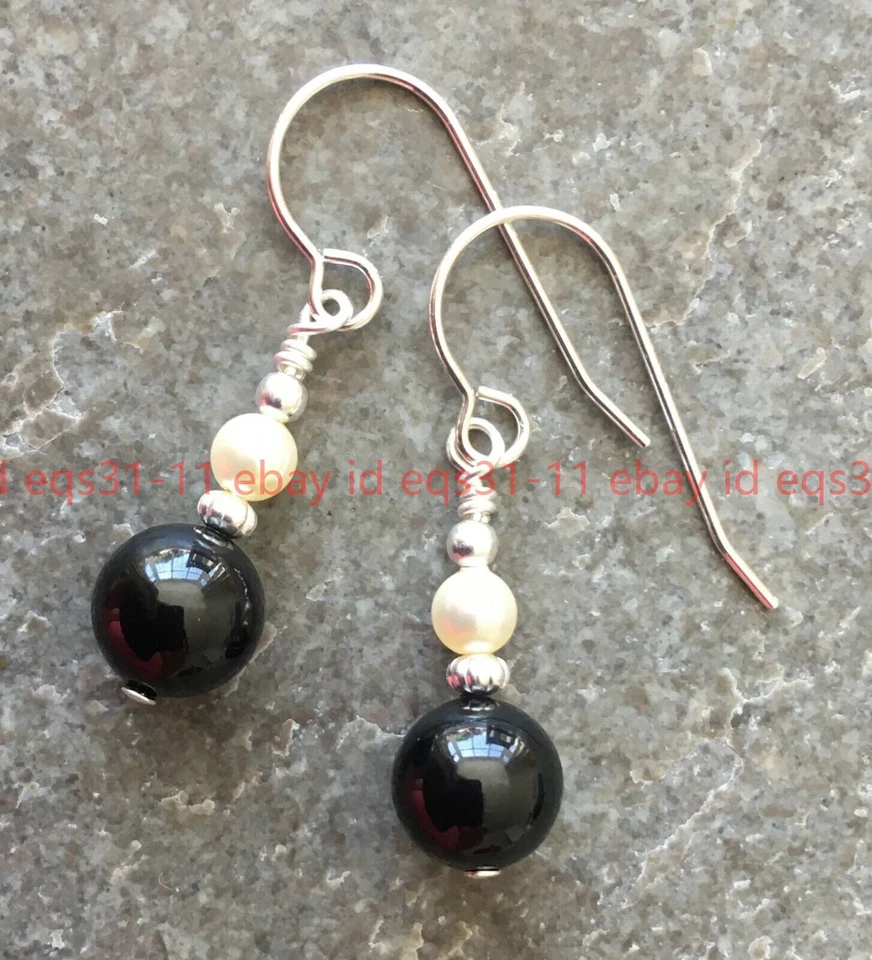 Hermosos Pendientes Gancho Cuentas Redondas Perlas Concha Blanca Crema Ágata Negra 8/10mm Foto 4 de 4