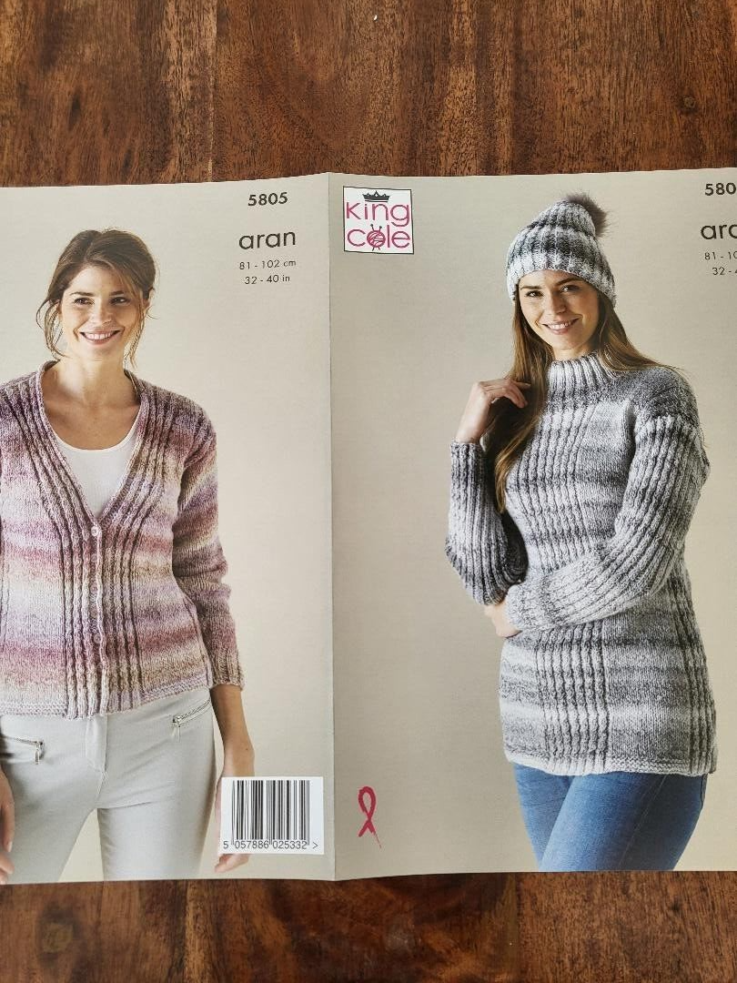 King Cole 5805   Knitting Pattern Womens Cardigan Sweater hat  in Acorn Aran