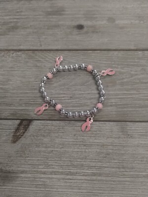 Breast Cancer Awareness Charm Bracelet Pink Ribbon Stretch