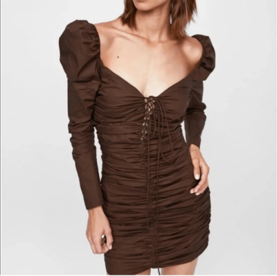 zara brown dress ruched Zara Brown Ribbed Knit Short Sleeve Side Ruched Tie Mini Bodycon Dress Size  S