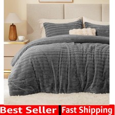 Fleece Queen Comforter Set -Super Soft  Warm Fluffy Grey Faux Fur Bedding, L...