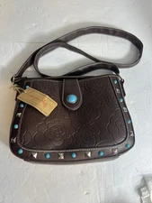 Canyon Sky Brown Faux Leather Purse Faux Turquoise Beads / Silver Studs READ