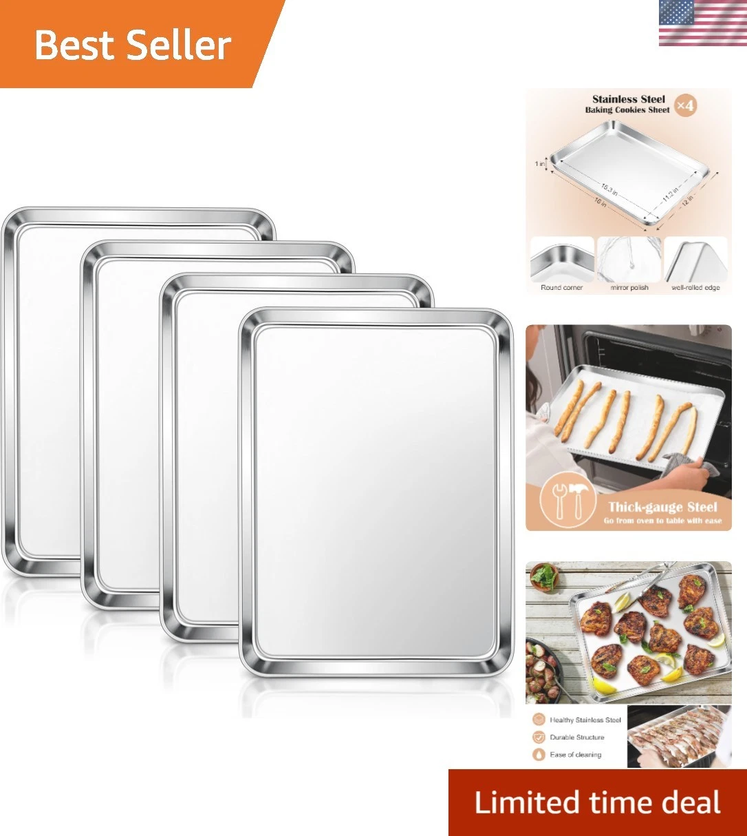 Baking Sheets Set of 4, 16” x12” x 1” Stainless Steel Cookie Sheets Pans for ...