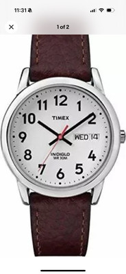 Timex T20041, Men's Easy Reader Brown Leather Watch, Indiglo, Date, 35MM Case