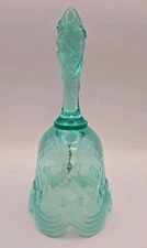Vtg FENTON Art Glass TEAL OPALESCENT Drapes & Bows Decorative Bell 6.75"