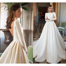 Vintage Satin Wedding Dresses Backless Princess A-Line Court Train Bridal Growns