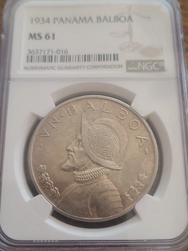 1934 Panama 1 Balboa 90% Silver MS61 NGC Brilliant Uncirculated 
