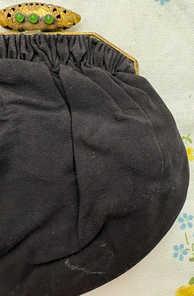 Art Deco 1930s Black Fabric Handbag Brass Frame Green Glass Cabochons NRA - Image 4 of 4