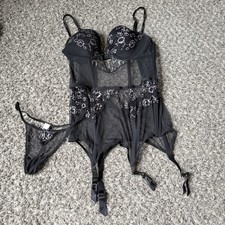 Victoria's Secret Black Pink Lace Bustier Slip Garter bra Corset 36B Medium Pant