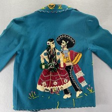 Mexican Jacket Vintage 40s 50s Youth Girls Blue Wool Felted Novelty Souvenir