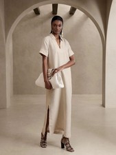 Banana Republic Sz Large Cruz Linen Maxi Dress Beige Cream Kaftan Utility NWT