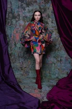 La Fuori Elara Mini Dress Abstract Print Ballon Sleeves Cape Art Inspired Large