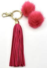 ONE PINK KEYCHAIN, BAG CHARM W/ TASSELS, POM POMS, LOBSTER CLASP - GOLD
