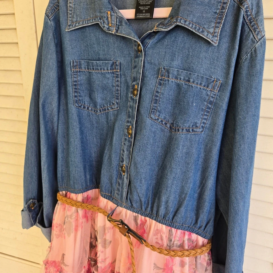 Pink & Violet Girls Dress Chambray Top Floral Tulle Skirt Size 12 Knee Length - Image 2 of 4