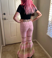 Pink & Cream Crochet Flared Bell Bottom Pants