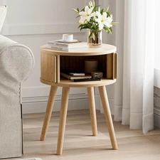 Side Table with Sliding Door & Cabinet, End Table for Living Room, Night Stan...