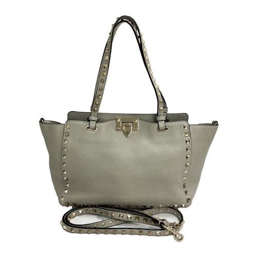 VALENTINO Rockstud 2-Way Shoulder Bag Gray Leather Women 24.5 x 21 x 11.5cm