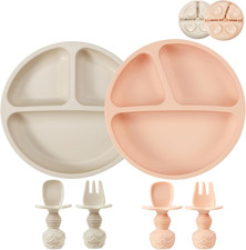 2 Pack Silicone Divided Suction Plates with 2 Spoons 2 Forks for Babies  Toddle
