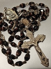 Stunning Catholic Sterling Silver Banded Agate Rosary Signed Gloria Vintage