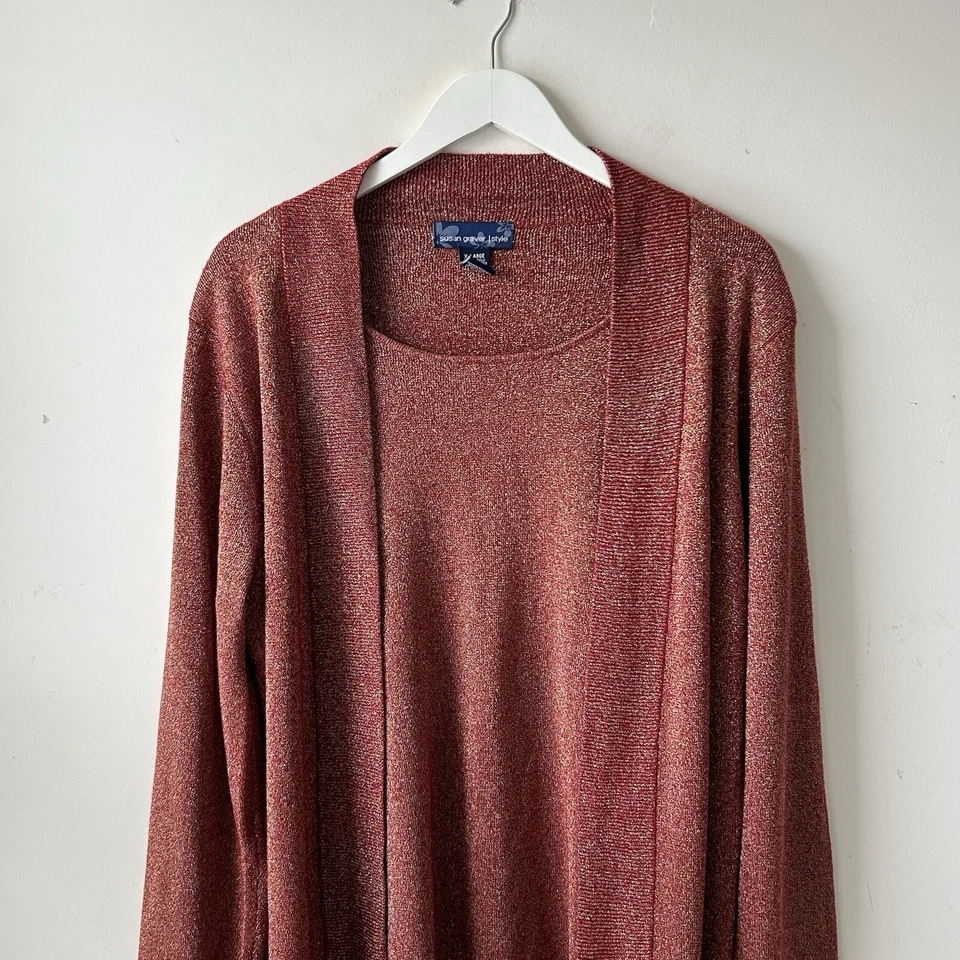 Blusa Susan Graver Mujer XL Frente Abierto Manga Larga Brillante Túnica Top Vacaciones Foto 2 de 4