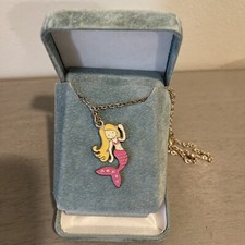 Pink Enamel Rhinestone Lady Mermaid Yellow Hair Pendant Chain Necklace
