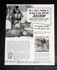 1949 OLD MAGAZINE PRINT AD, DISSTON ONE-MAN CHAIN SAW, WITH MERCURY GAS ENGINE!