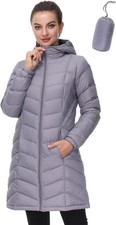 Slow Down Women Lightweight Down Puffer Coat, Women Hooded Mid-length Packable W