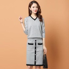2 Teile Damen Anzug V-Ausschnitt Pullover Strickrock Freizeit Büro Elegant Chic