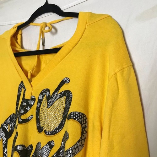 Apple Bottoms Women Y2K Rhinestone Grahic Hooded Sweater Dress 2X Yellow Mcbling - Picture 4 of 15