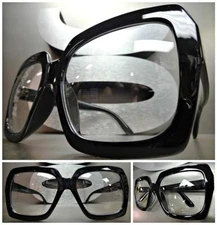 HUGE OVERSIZE 70s VINTAGE Style Clear Lens EYE GLASSES Thick Black Fashion Frame