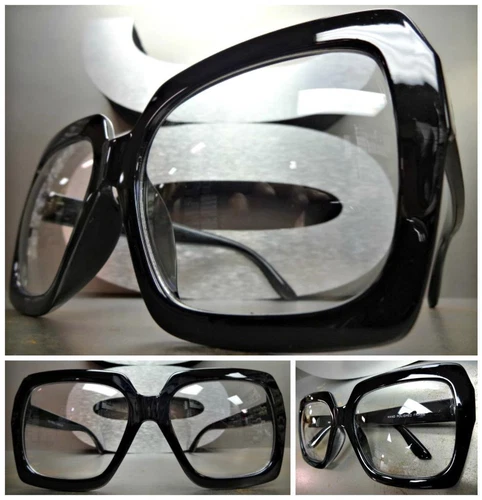 HUGE OVERSIZE 70s VINTAGE Style Clear Lens EYE GLASSES Thick Black Fashion Frame