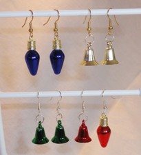 Mini Light Bulb or Bell Earrings, Christmas Holiday Dangle Plastic or Mismatched
