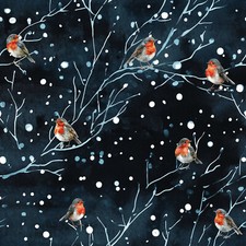 Snowy Robins! Christmas Patchwork Fabric: Metres/Fat/Long/Quarters- 100% Cotton