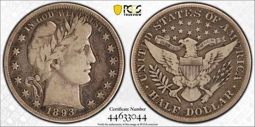 1893-S Barber Half Dollar 50C PCGS VG10 Key Date San Francisco Mint