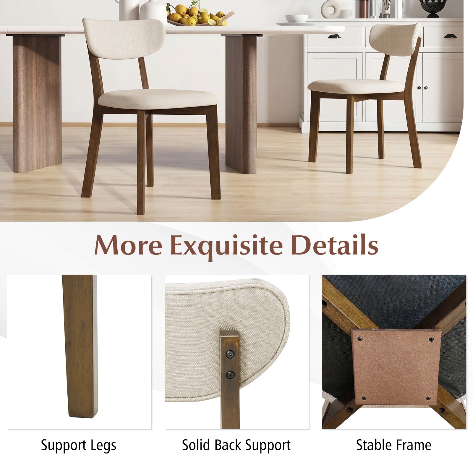 Upholstered Dining Chairs Set of 4 w/ Solid Rubber Wood Frame, Curved Backrest