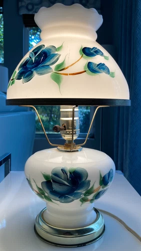 Vintage Milk Glass & Brass GWTW Hand Painted Blue Floral 14 ½” Table Lamp