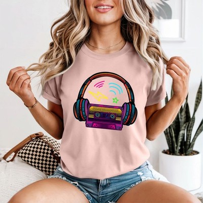 Retro Musik Kassette Kopfhörer Damen T-Shirt 80er 90er Style