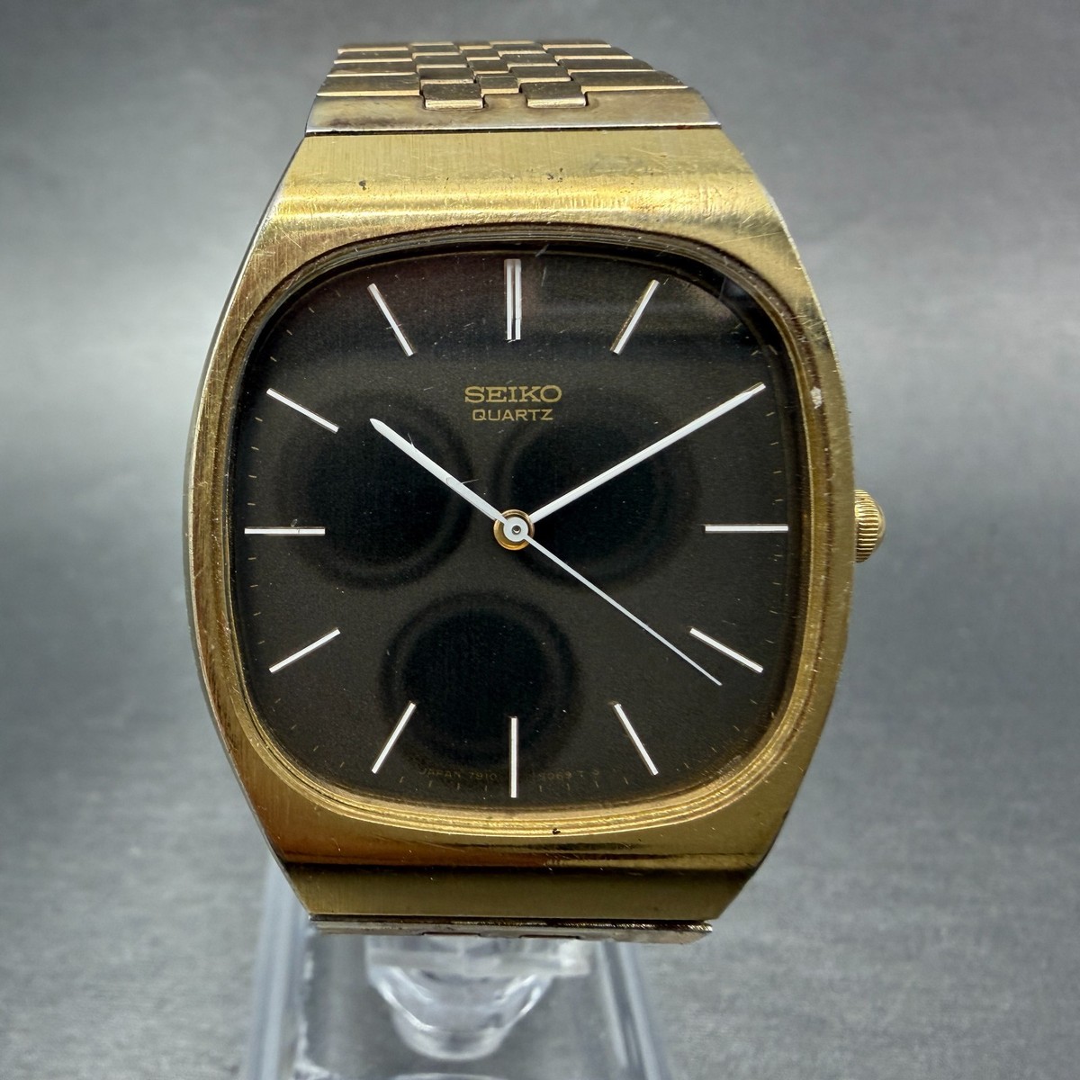Seiko Watch Men 32mm Brown Dial Gold Tone Rectangle 7810-5069 New