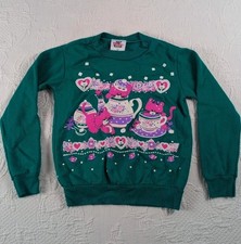 Vintage Girls Athletic Works Cute Sweater Teal 90s 6X Kitschy Cat Mouse TeaTime