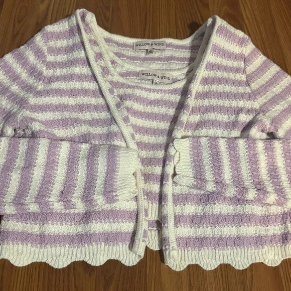 Conjunto sin mangas suéter tejido blanco púrpura a rayas sauce y viento talla L festoneado Y2k Foto 2 de 4